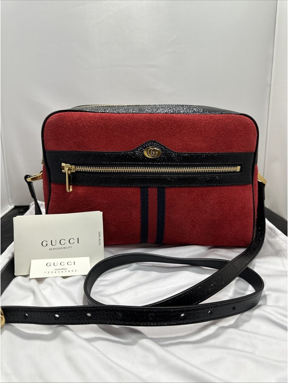 Gucci Ophidia 517080 Small Crossbody Camera Bag Red Suede Black Patent Leather